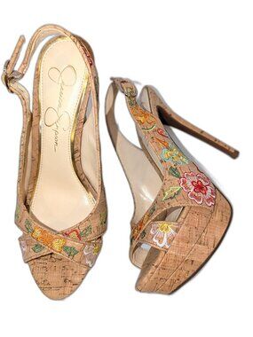 Jessica Simpson | Willey Slingback Embroidered Cork Heels Pumps | Size 6.5